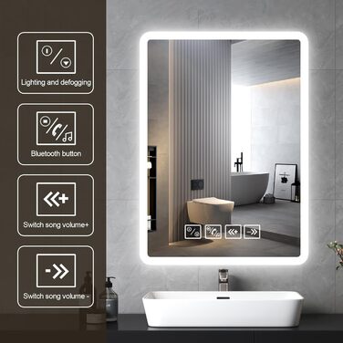 Дзеркало для ванної кімнати з підсвічуванням 50x70 см з Bluetooth, годинником, функцією проти запотівання та сенсорним вимикачем, 3 кольори світла, регулювання яскравості