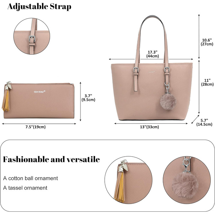 Сумка жіноча TANTOMI з гаманцем, велика, для офісу, школи, шопінгу, рожева з китицею та помпоном з штучного хутра