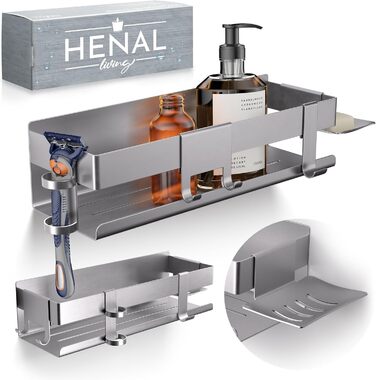 HENAL Shower Shelf Set 5 in 1, Brushed Stainless Steel Shower Shelf without Drilling, Shower Shelf including Razor Holder, Squeegee Holder, Soap Dish & Hook, XXL Bathroom Organizer