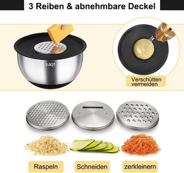 Mixing Bowl Set of 6, Stainless Steel Bowl Salad Bowl Set with Lid & Silicone Bottom, 3 Grater Attachments, 4.7l/3.8l/2.8l/1.9l/1.4l/0.6l, Non-Slip & Stackable - Black