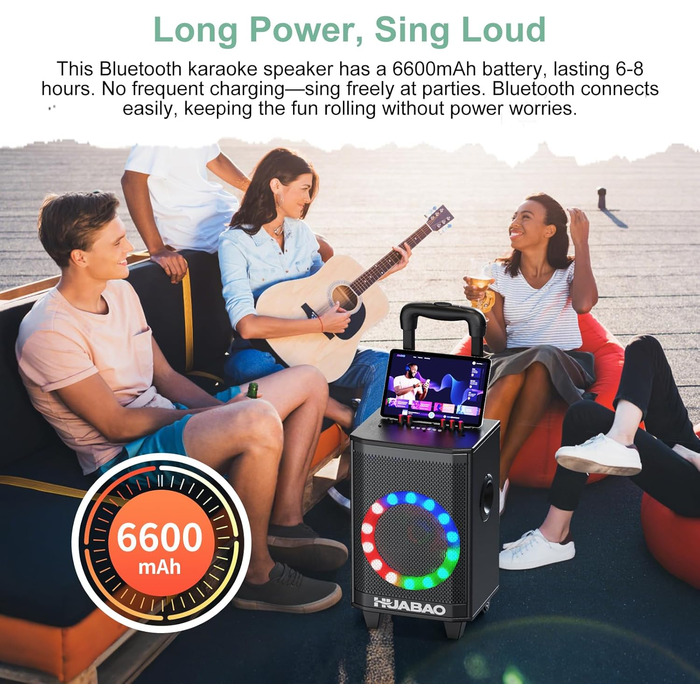 Bluetooth-портативна акустика для караоке з 2 мікрофонами, 11 динаміків, акумулятором 8800mAh, ручкою-тележкою та підсвічуванням. FM/AUX/USB/TF, регулювання басів та високих частот (A113)