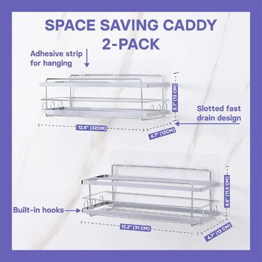 Поличка для душу KINCMAX без свердління з нержавіючої сталі, самоклеюча, з гачками (срібна). Комплект з 2 поличок (прямі, срібні)