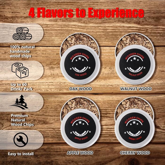 Набір для копчення напоїв Cocktail з 4 смаками, дерев'яні чіпси для віскі, набір для приготування коктейлів, інфузор для бурбона з багаторазовим льодом, Round, чорний