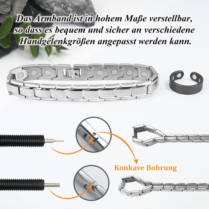 Браслет магнітний чоловічий Vicmag з титанової сталі, подвійний ряд магнітів, регулювальний інструмент, подарункова коробка (однорядний, срібний)