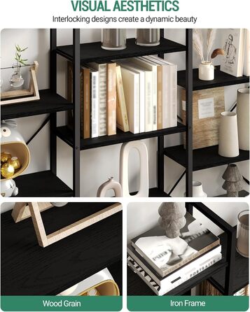 Книжкова шафа Hzuaneri з 17 полицями, 6 ярусів, регульовані полиці, 24x152x186 см, навантаження 340 кг, чорна з деревною текстурою, для вітальні та офісу