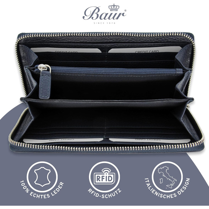 Baur Women's Wallet Genuine Leather Wallet | Wallet with RFID Protection | Large Portemonnaie with Many Card Slots | Wallet with All-Around Zipper | Portemonnaie | Women's Wallets (Red)