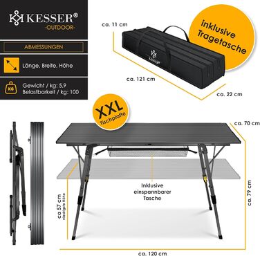Складний кемпінговий стіл KESSER® алюмінієвий 120x70 см, до 100 кг, з сумкою для транспортування, антрацит