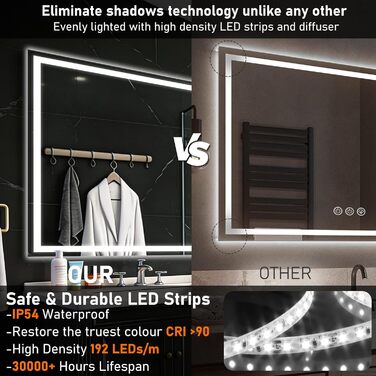 Дзеркало для ванної кімнати 50x70 см з підсвічуванням LED, антизапарююче, димування, 3 кольори світла, Bluetooth