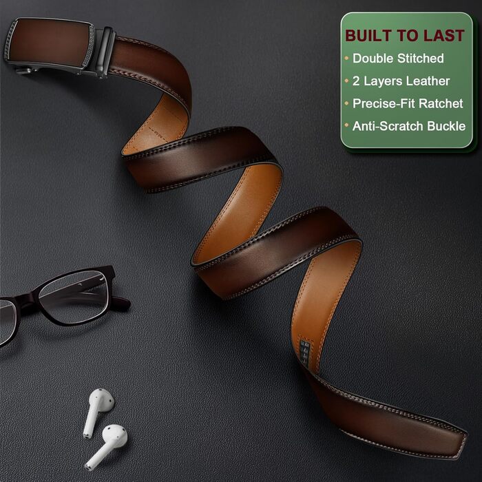 Чоловічий шкіряний ремінь KEMISANT з автоматичною пряжкою, 35 мм, без отворів, регульований розмір 115 см, темно-коричневий