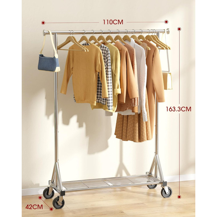 Стійка для одягу на колесах – міцна вішалка для одягу з металевої сітки, багатофункціональна стійка для гардеробу в спальню, пральню, магазин, 110 x 42 x 163.3 см, срібна