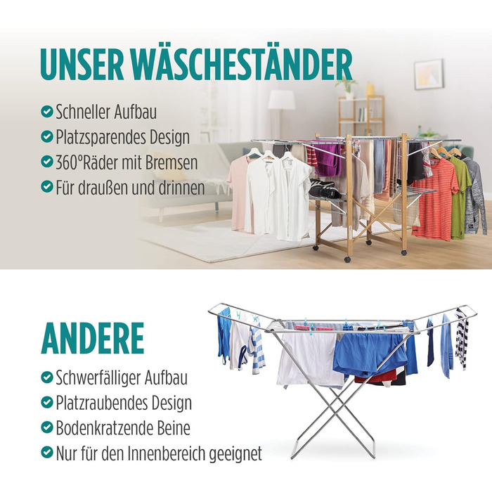 Сушарка для білизни Vitapur XXL з роликами - 2 рівні, 21м довжини, складна, 12см деревоподібний дизайн, мобільна, внутрішня/зовнішня, вантажопідйомність 25кг, 136x69см, економія місця