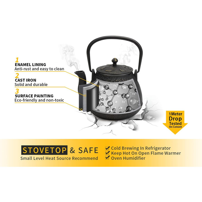 Чайник для плити, чавунний, з ситом для листового чаю, 1,5 л, чорний