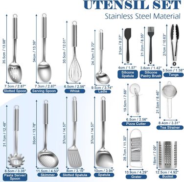 Набір кухонних аксесуарів BEWOS 15 предметів: ложки, шпателі, органайзер, нержавіюча сталь, для кухні