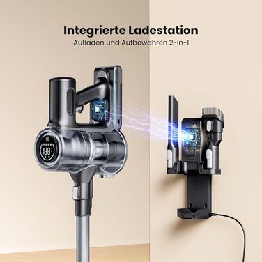 Бездротовий пилосос Proscenic P13: акумуляторний, 45KPa, 550W, 45 хв, з сенсорним екраном, зелене підсвічування, зарядний блок для стіни, анти-намотування, для килимів, твердих поверхонь, автомобіля, шерсті тварин (сірий)