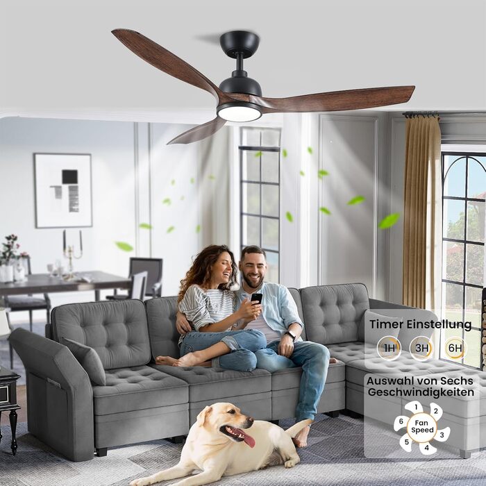 Стеляний вентилятор CJOY з підсвічуванням, 107 см, з пультом керування, тихий, DC, реверсивний, пам'ять 3CCT, диммування, 6 швидкостей, таймер для спальні (132 см - чорне дерево)