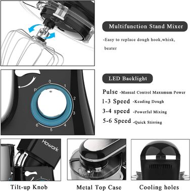 Кухонна машина Howork Knetmaschine: потужна 1500W, 8L, нахильна чаша, 6 швидкостей, міксер, гак для тіста, сплітштор, чорний