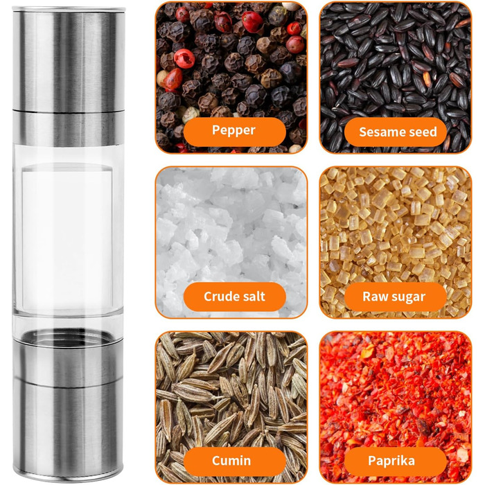 Мельниця для солі та перцю з керамічним жорном, сталеве маточне колесо, регулювання помелу, скло та нержавіюча сталь