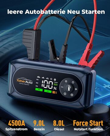 Powerbank для автомобіля YaberAuto AP02 з компресором, 150PSI, 4500A, для бензинових двигунів до 9.0L та дизельних до 8.0L, LED ліхтар 500 Lumen (4 режими), LCD дисплей 3.3