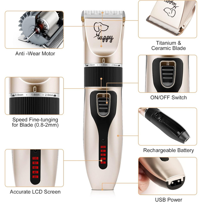 Безшумна машинка для стрижки собак та котів з 2 швидкостями, акумуляторна, бездротова, з 11 насадками (чорний/золотий)