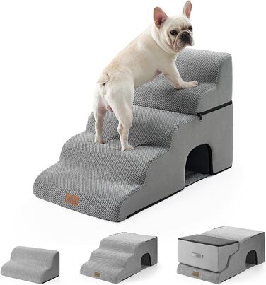 Dog stairs for small dogs, pet stairs for loft beds made of high-density sponge, dog stairs/ramp with washable cover (gray, 83x50x57cm-hole, 5.0)