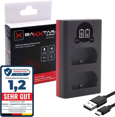 Зарядний пристрій Baxxtar для акумуляторів LP-E6NH, LP-E6N, LP-E6 з подвійним LCD-дисплеєм та USB-C/Micro-USB живленням