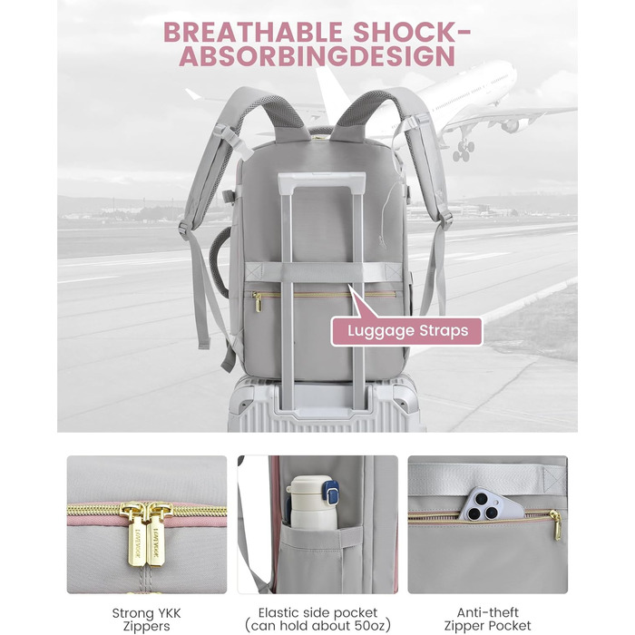 LOVEVOOK Рюкзак для ручної поклажі 40L, жіночий водонепроникний рюкзак для подорожей з відділенням для взуття, рюкзак для ноутбука (17.3 дюйми) сірий+рожевий+бежевий