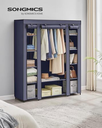 SONGMICS Clothes Closet, Fabric Closet, with Clothes Rod and Shelves, Fabric Cover, for Bedroom, Dressing Room, 150 x 45 x 175 cm, LSF03H (Navy Blue)