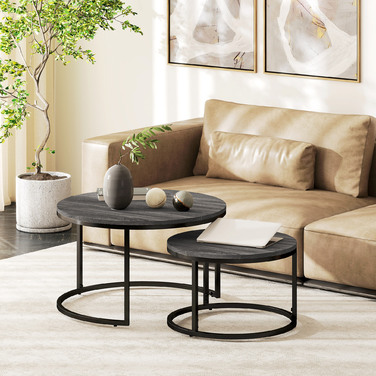 HOMCOM Round Coffee Table 2-Piece Set Stackable Side Table with Metal Frame, Living Room Table with Wood-Look Finish, Coffee Table for Living Room Bedroom Black | Aosom