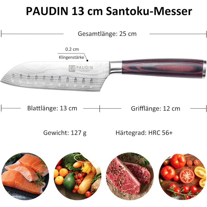 Ніж кухарський PAUDIN, 20 см, професійний, з високоякісної нержавіючої сталі, ергономічна ручка (Сантоку 13 см)
