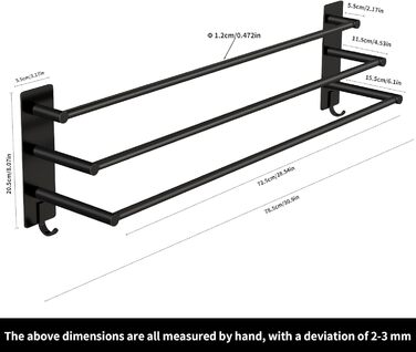 Тримач для рушників Vista з 3-ма перекладинами без свердління, SUS304 нержавіюча сталь, сріблястий, з двома гачками, 75 см, для кухні, ванної, спальні