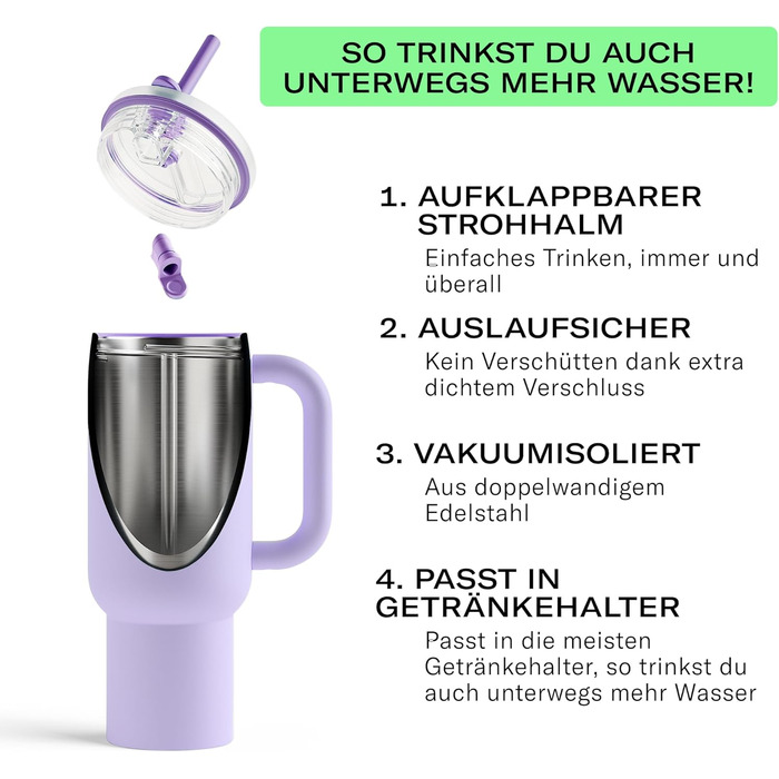 Waterdrop Thermobeaker with Straw 1.1L - Leak-Proof, Durable Stainless Steel Insulated Tumbler with Flip-Up Straw, Keeps Drinks Cold for 12 Hours, White Winter Color (Lilac)