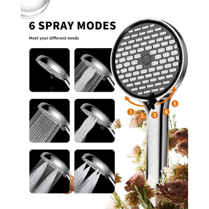 Фільтр для душу Cobbe, душова лійка з шлангом, високий тиск, 6 режимів, економія води, фільтр від накипу, для жорсткої води, хлору, чорний