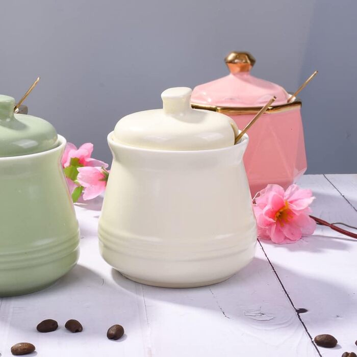 Sugar bowl with lid and spoon, ceramic sugar bowl, multifunctional sugar container, spice container, salt shaker, spice dishes, sugar bowl for the kitchen, storage (yellow)