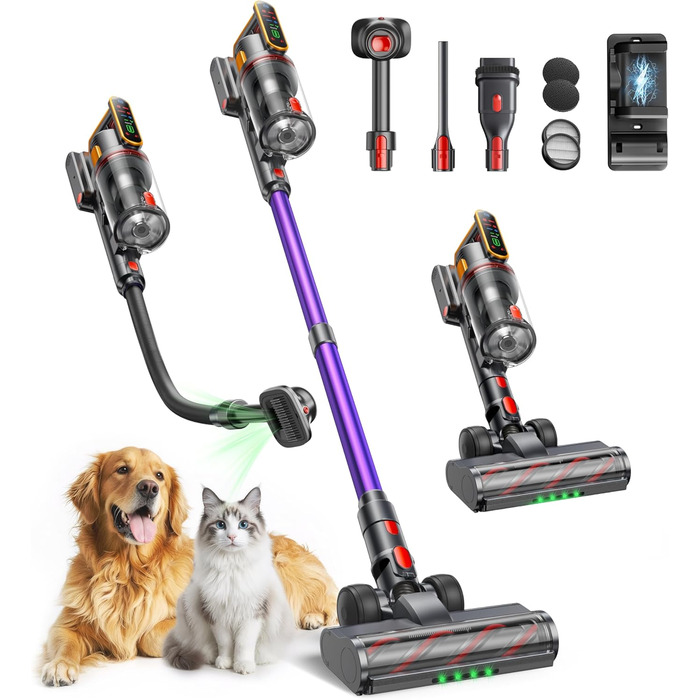 Бездротовий акумуляторний пилосос Fieety 600W з турбощіткою для тварин, 65 хвилин роботи, 8-шарова фільтрація та ароматерапією, для дому, авто та твердих поверхонь