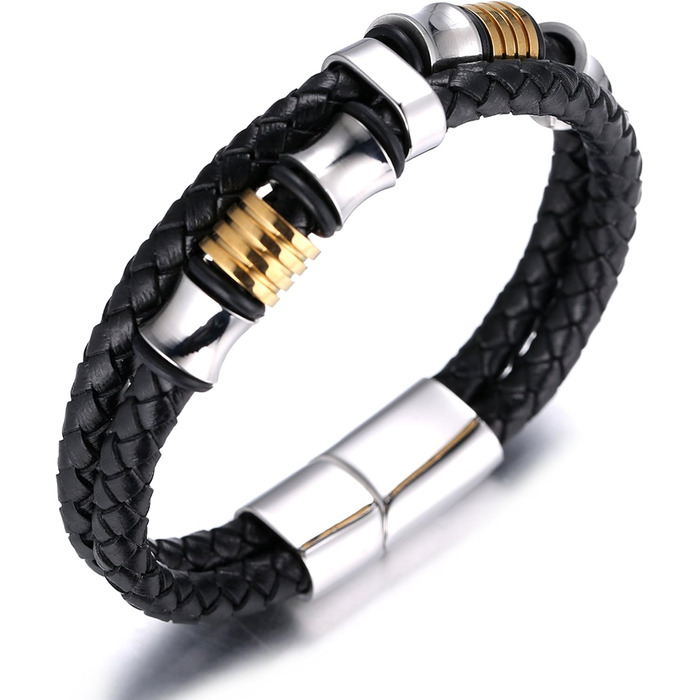 Браслет дитячий Halukakah Ehre Junior для хлопчиків зі шкіри чорного бика, з магнітним застежкою, покритий золотом/платиною, з титановими перлинами (6-12 років, 18-19.5 см)