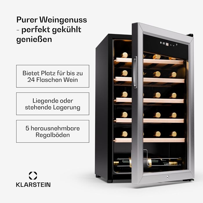 Klarstein Wine Fridge - 16/24 Bottle Wine Cooler with Glass Door - Stainless Steel - 5-18°C Temperature Control - Indoor/Outdoor Use