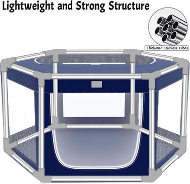 Клітка для собак шестигранна, 114 см, з м'якою обшивкою з 600D Oxford, стабільна конструкція з нержавіючої сталі, 65,6 см у висоту, для малих та середніх собак, блакитна