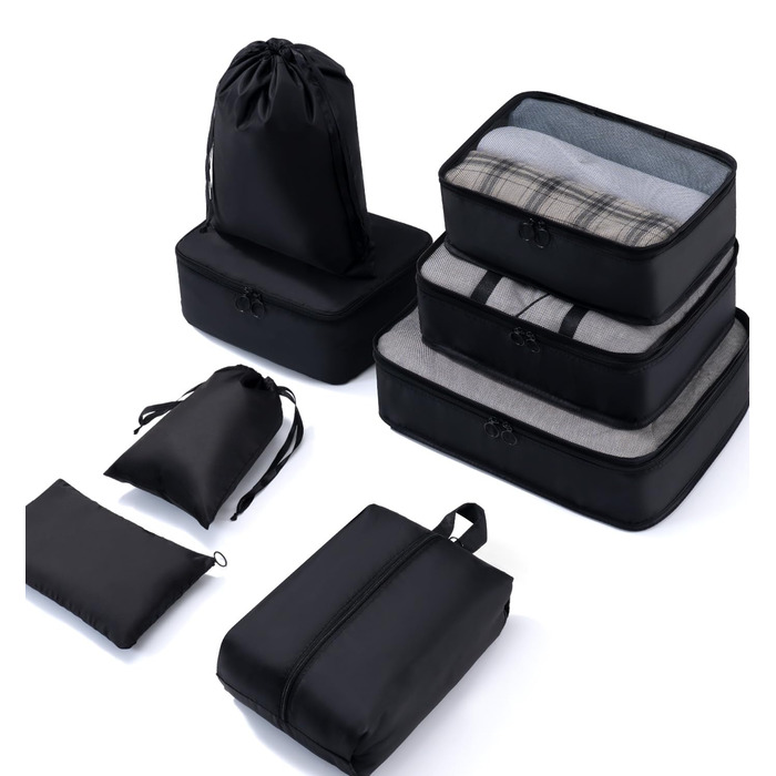 Органайзер для валізи Meowoo, набір 8 шт., кубики для пакування, чорний. Організація багажу для подорожей та бізнесу.