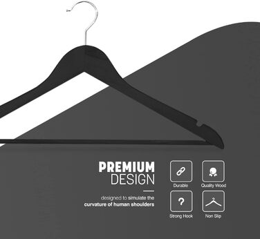 Плечики для одягу KEPLIN Starker з натурального дерева (30 шт.) з поворотним гачком 360° та перекладиною для штанів. Підходять для пальто, жакети, костюми. Економія місця в шафі. Чорний колір, 20 шт.
