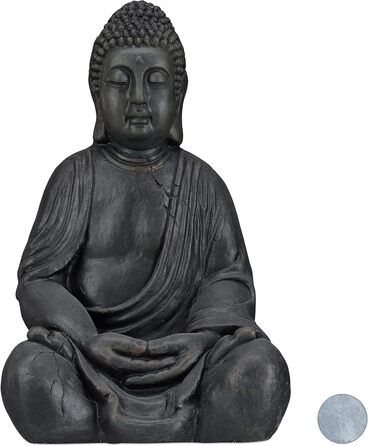 Relaxdays XL Buddha Figure Sitting, 50 cm tall, Feng Shui, Outdoor, Garden Decoration Figure, Large Zen Buddha Statue (Dark Grey)