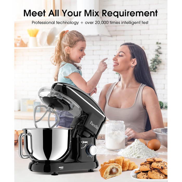 Кухонна машина Facelle 1500W з нержавіючою чашею 6.2л, 6 швидкостей, комплект насадок (чорна)