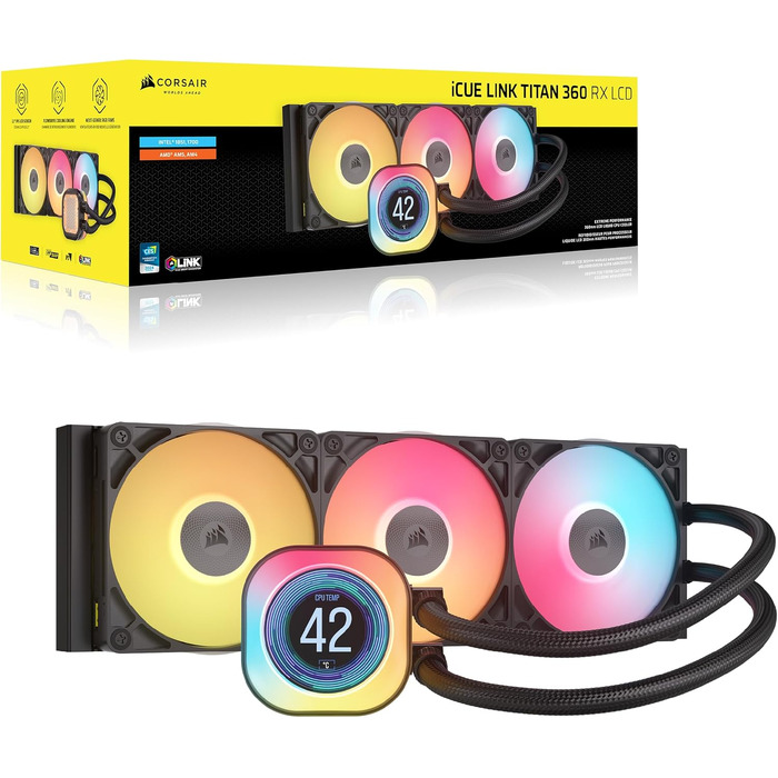 Рідинне охолодження процесора Corsair iCUE LINK Titan 360 RX LCD, 360мм AIO, FlowDrive, 3x RX120 RGB вентилятори, LCD-дисплей, для Intel LGA 1851/1700, AMD AM5/AM4, чорний