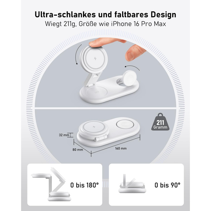 Портативна зарядная станція 3-в-1 для Apple Watch та iPhone з MagSafe, сумісна з iPhone 17, 16, 15, 14, 13, 12, AirPods Pro (біла)
