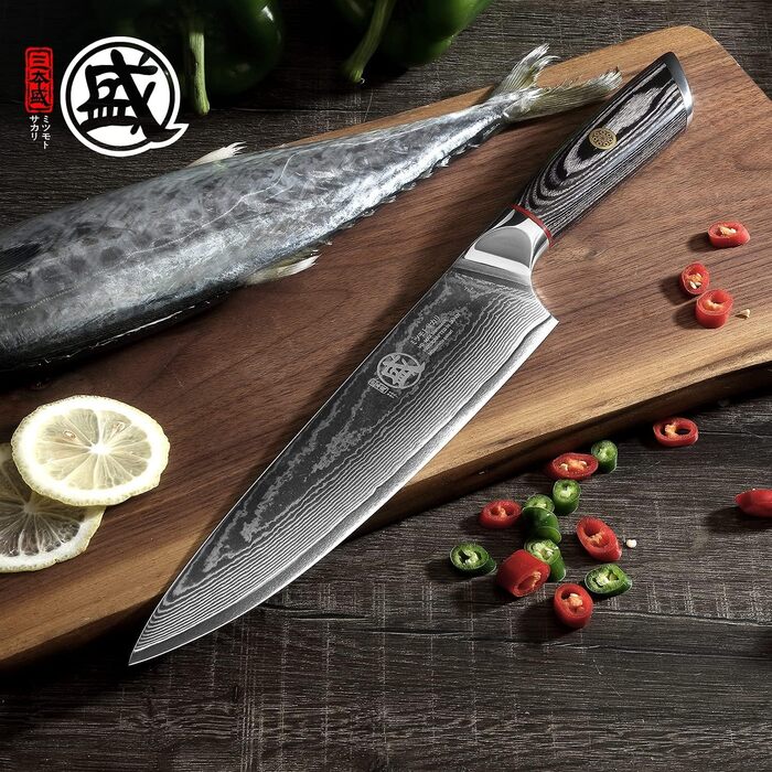 Ніж кухарський Mitsumoto Sakari Gyuto 20 см, AUS-10 Дамаст, ручка з пакавуду, в подарунковій дерев'яній коробці