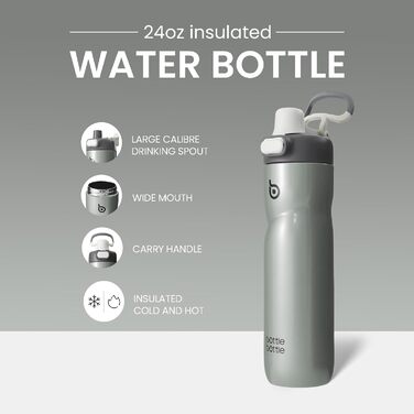 BOTTLE BOTTLE Insulated Water Bottle, 680 ml, with Handle and Flip-Top Lid, Bicycle Water Bottle, Push-Button Lid, Leak-Proof, Portable, for Travel, Sports, Riding, Green (Gray)
