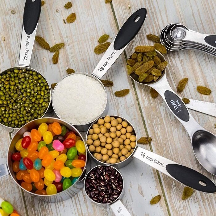 EDELIN Measuring Cups and Magnetic Measuring Spoons, Stainless Steel, 5 Cups and 7 Spoons (black)