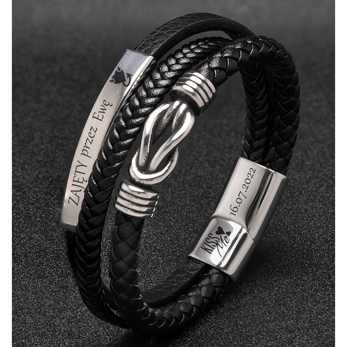 Чоловічий шкіряний браслет Cazz, чорний, хірургічна сталь, 22 см, з гравіюванням