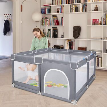 YUENFONG Playpen, Baby Gate, Child Safety Enclosure, XXL Child Safety Play Area, Protective Fence, Crawling Fence for Children, with Non-Slip Base and Breathable Mesh, Dark Grey, 180x200x68cm