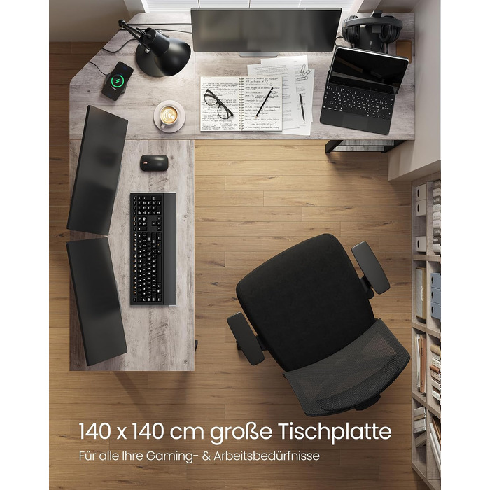Кутовий L-подібний письмовий стіл VASAGLE для комп'ютера та геймінгу, 138 x 138 x 76 см, з 2 полицями для офісу та дому, колір бежевий (greige) та чорний, LWD72MB