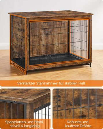 Клітка для собак Feandrea з функцією столику, сучасна собача будка для собак до 36 кг, міцна, для дому, з висувним піддоном, 2 двері, вінтажний коричневий PFC004X01, 112 x 75 x 82 см